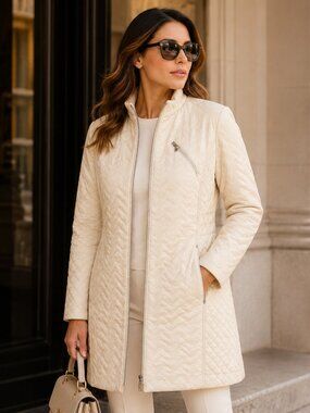 Laundry by Shelli Segal Cream Chevron Quilted Packable Hood Coat Jacket Large